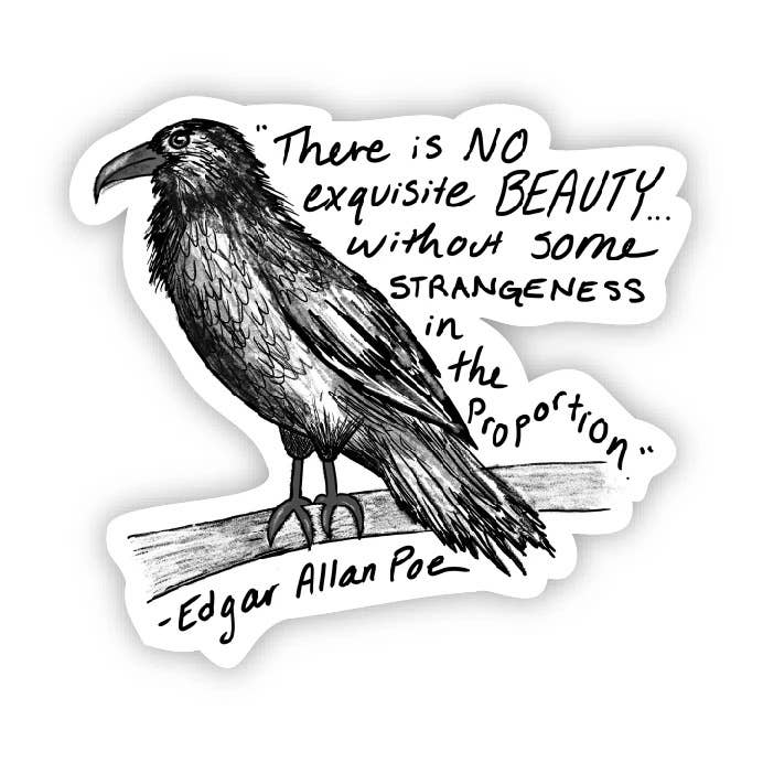 Sticker with a crow illustration and Edgar Allan Poe quote on a white background