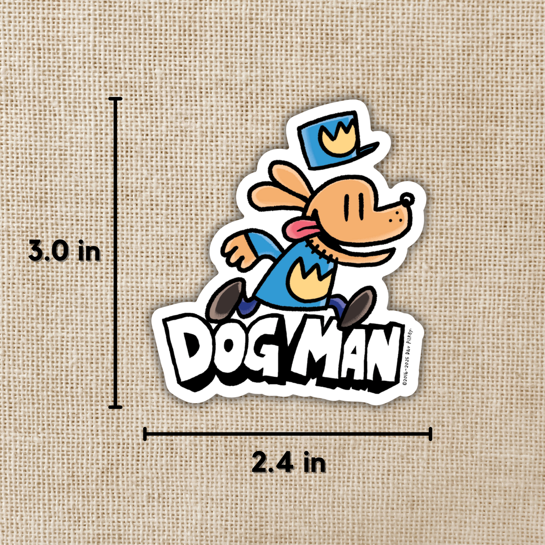 Dogman sticker with dimensions on a textured beige background