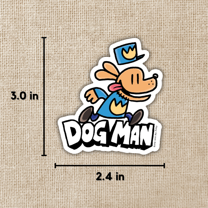 Dogman sticker with dimensions on a textured beige background