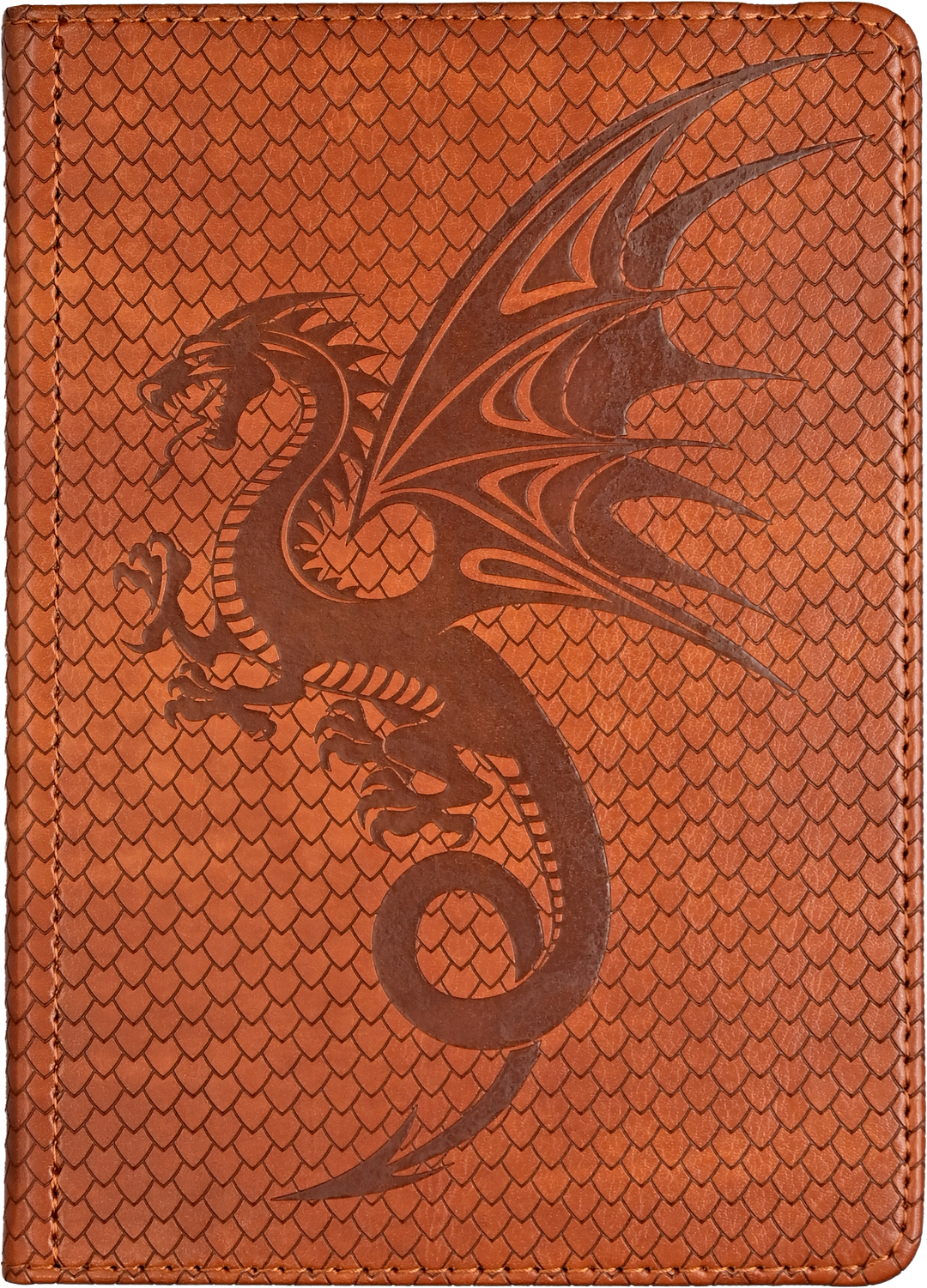 Brown leather passport holder with embossed dragon design