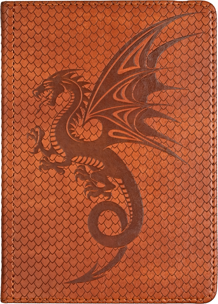 Brown leather passport holder with embossed dragon design