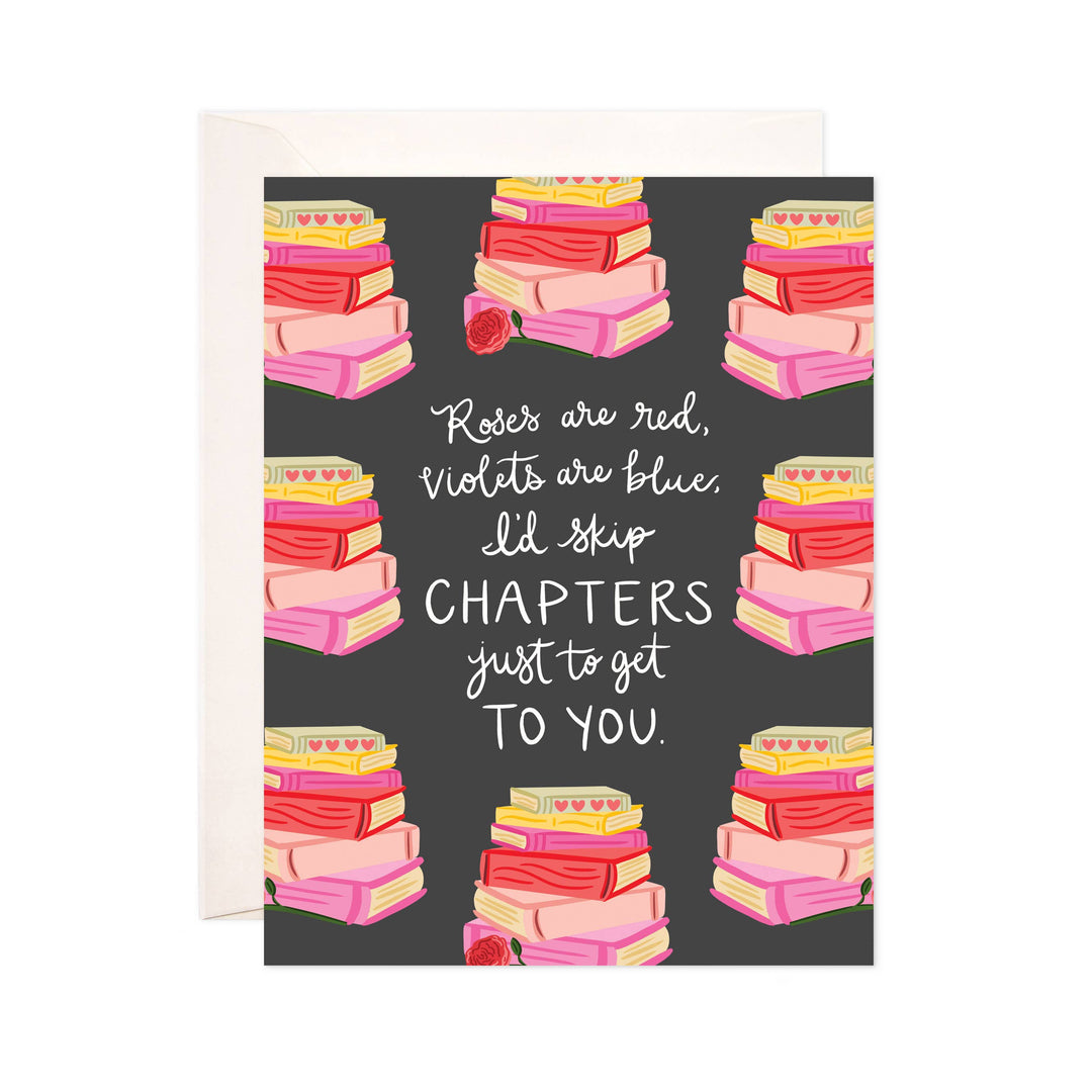 Card with book stack pattern and romantic text on a dark background. Text reads &