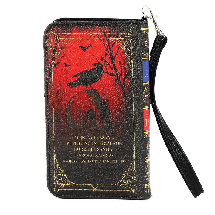 Wallet with a red and black design featuring a bird and text, on a white background.