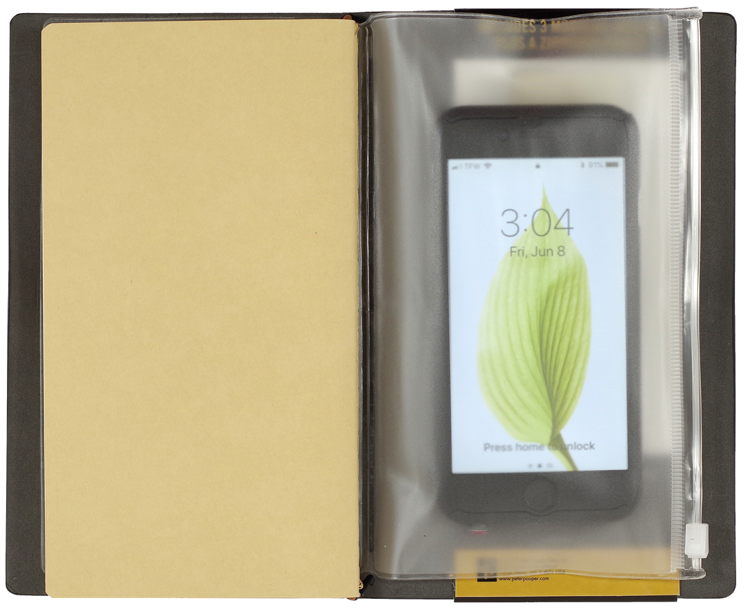 Phone case with a phone inside, showing a screen with a green leaf design.