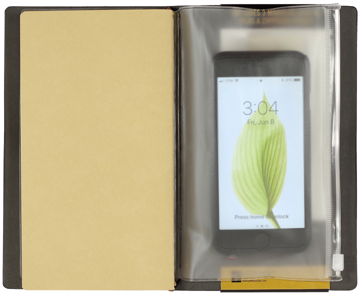 Phone case with a phone inside, showing a screen with a green leaf design.