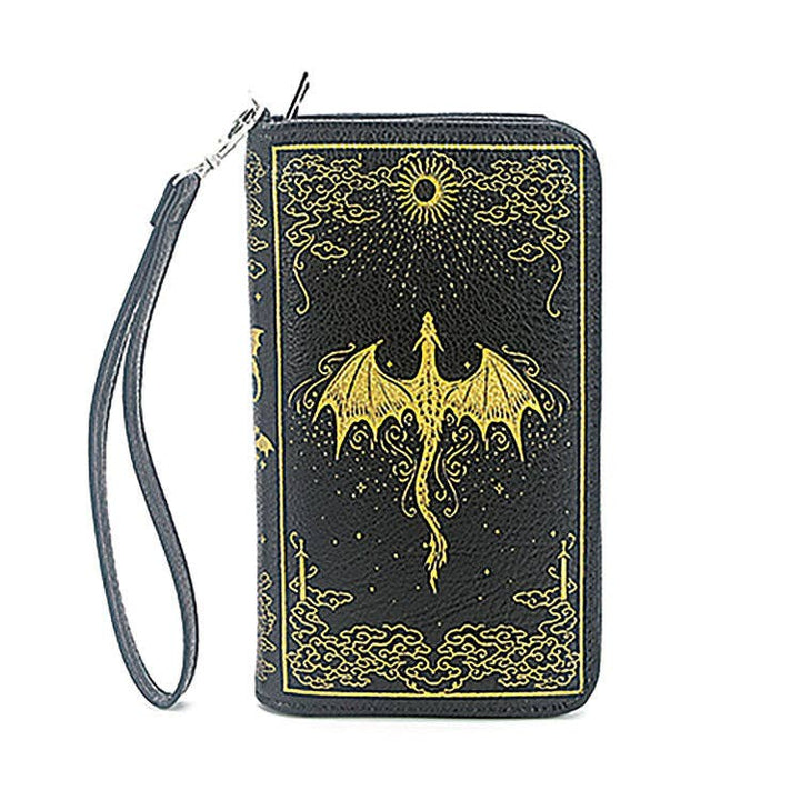 Black wallet with gold dragon design on a white background