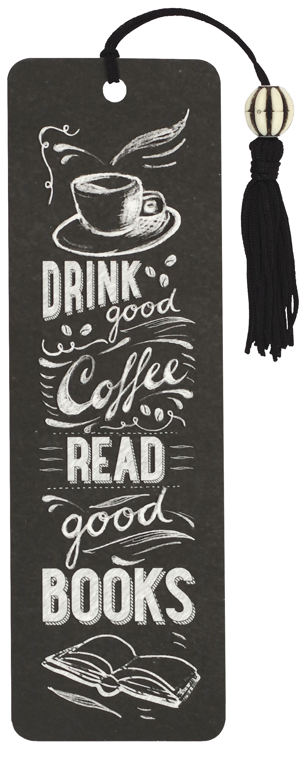 Black bookmark with white text and design elements on a white background
