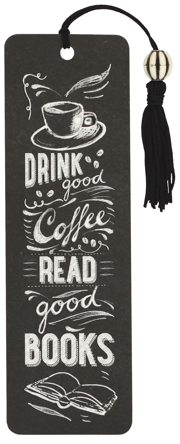 Black bookmark with white text and design elements on a white background