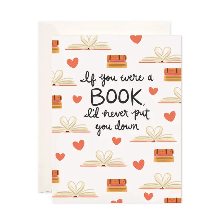 Card with book and heart pattern and text 'If you were a book, I'd never put you down' on a white background