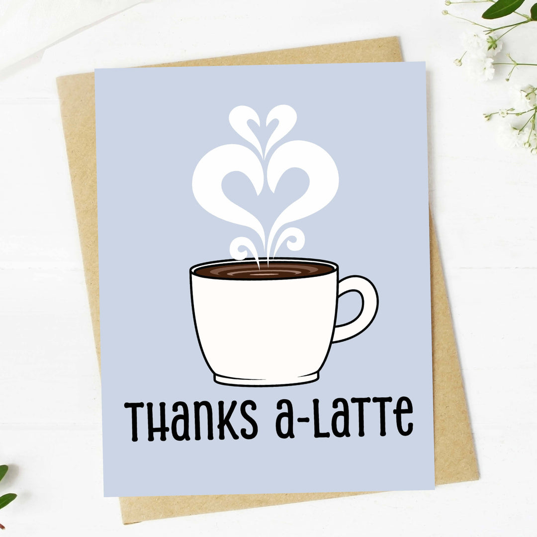 Greeting card with a coffee cup illustration and &