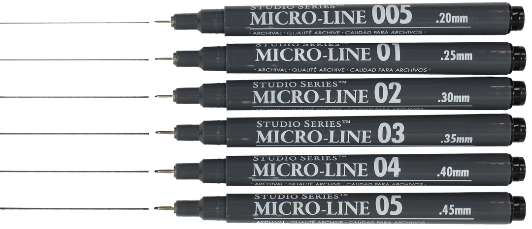 Set of Studio Series Micro-Line pens with different tip sizes on a white background