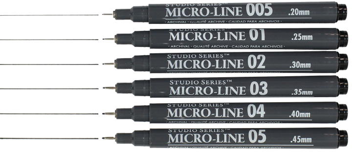 Set of Studio Series Micro-Line pens with different tip sizes on a white background