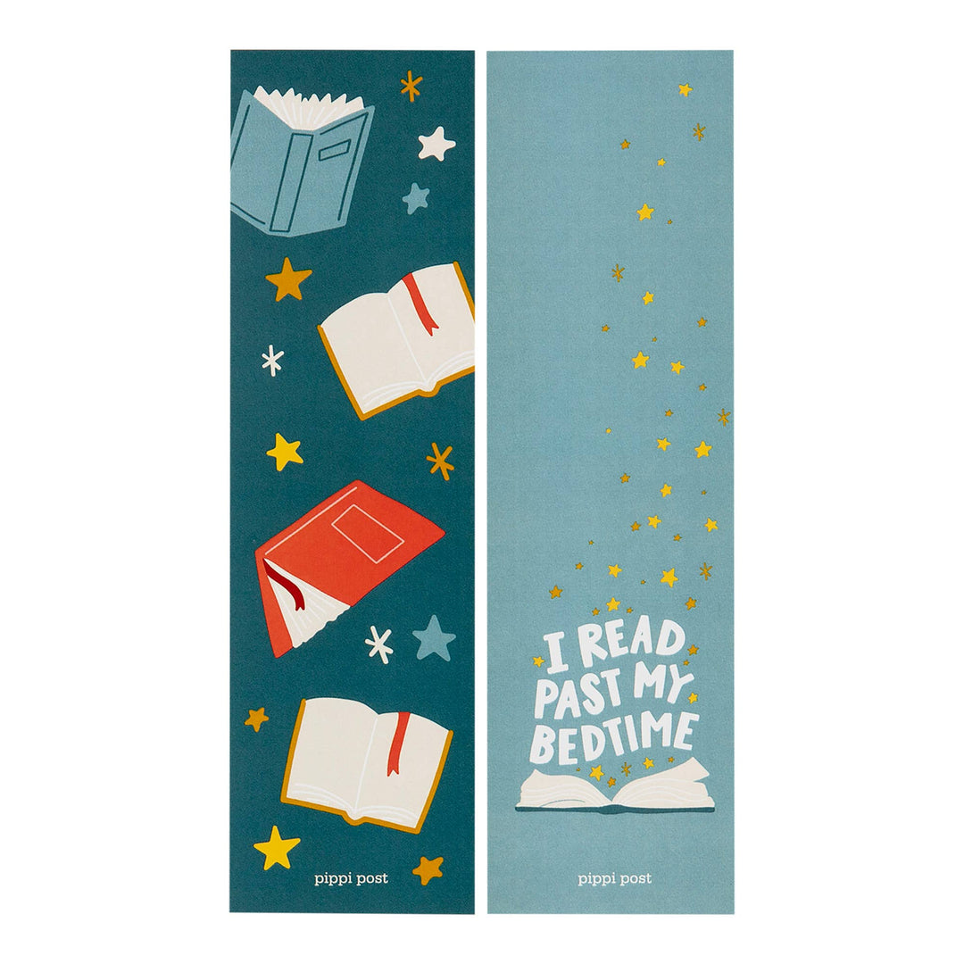 Two colorful bookmarks with book illustrations and text on a white background
