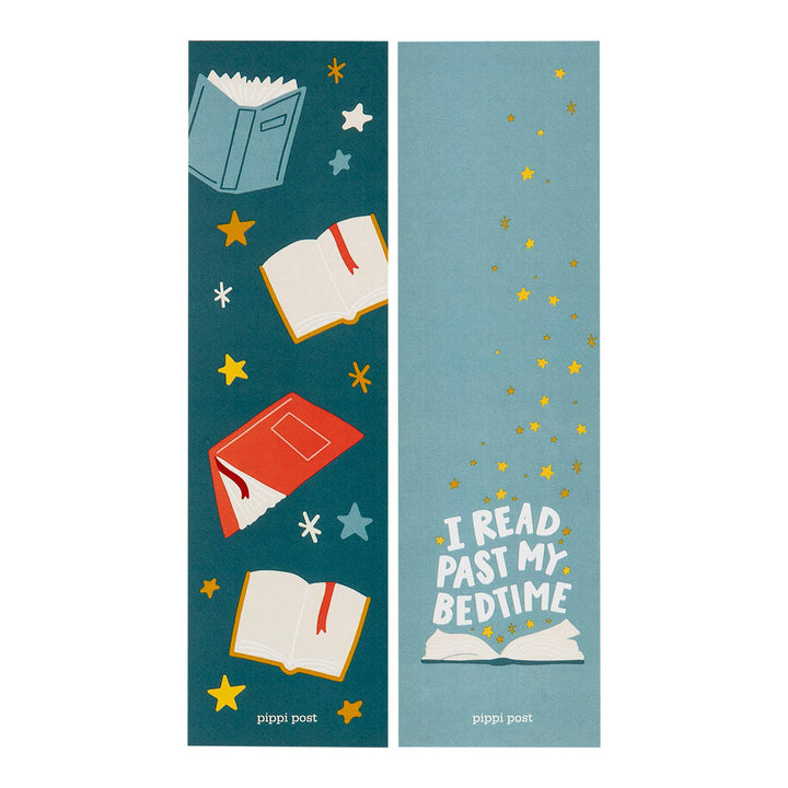 Two colorful bookmarks with book illustrations and text on a white background