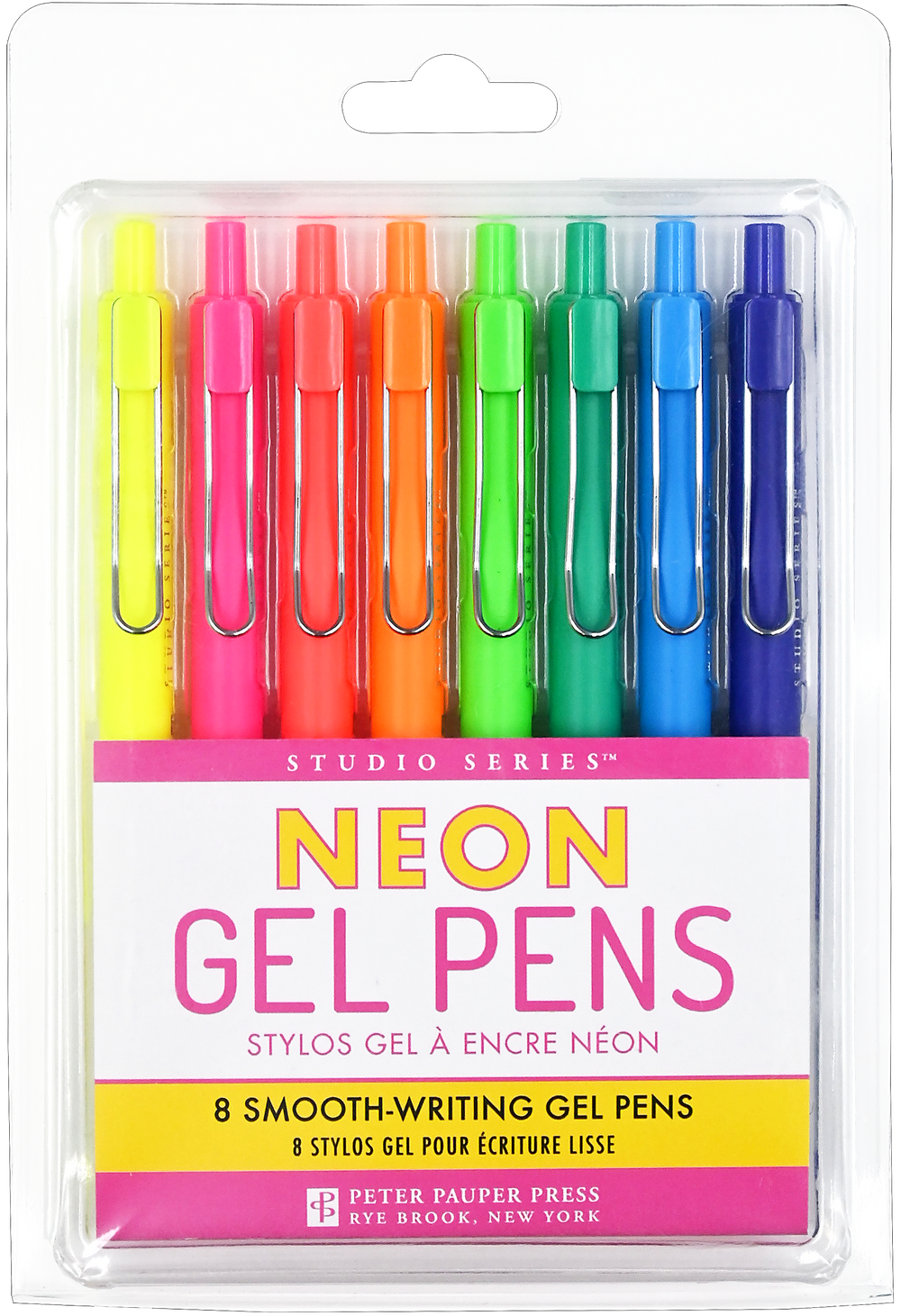 Pack of neon gel pens with colorful caps on a white background