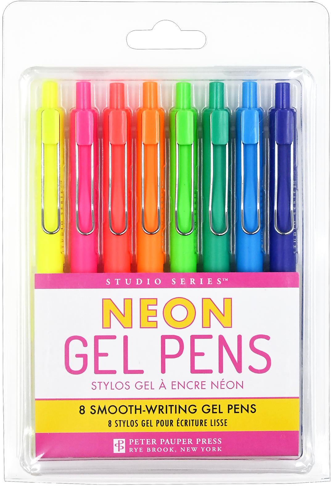 Pack of neon gel pens with colorful caps on a white background