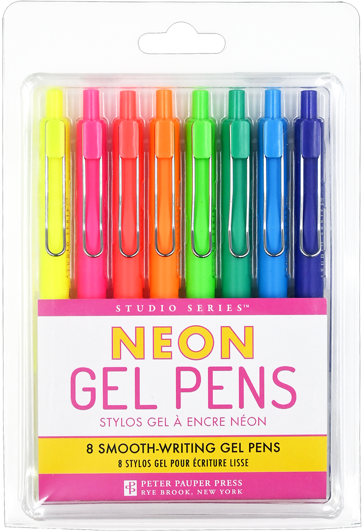 Pack of neon gel pens with colorful caps on a white background