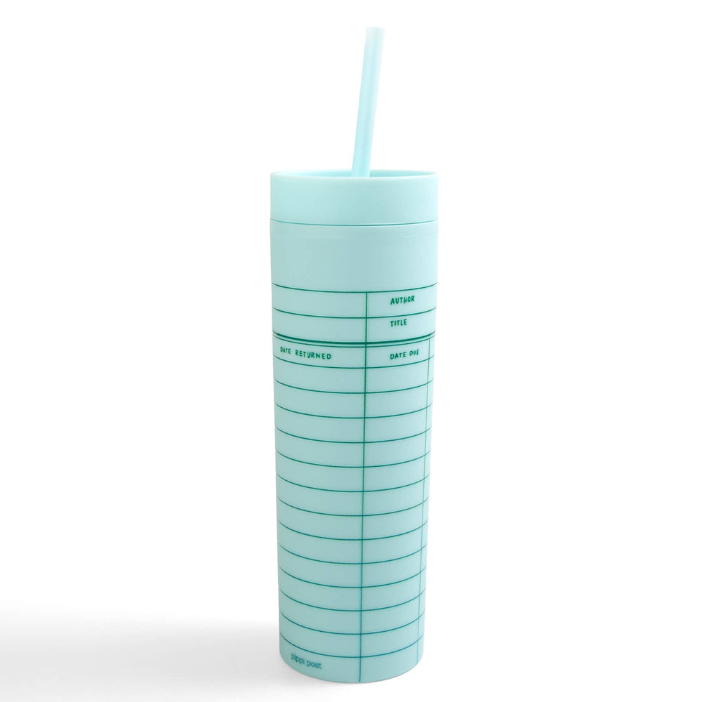 Mint green tumbler with grid design and straw on a white background