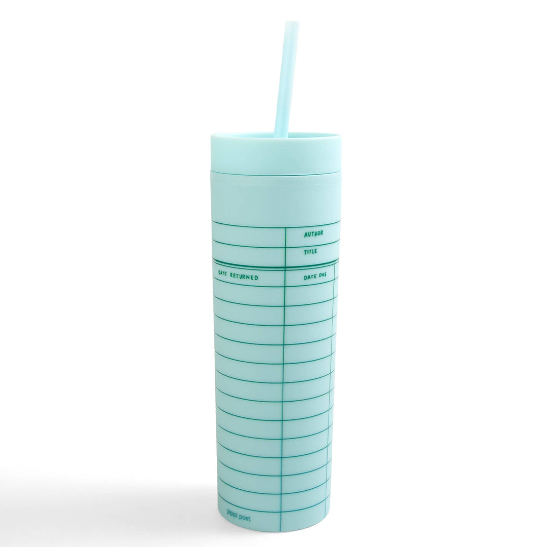 Mint green tumbler with grid design and straw on a white background