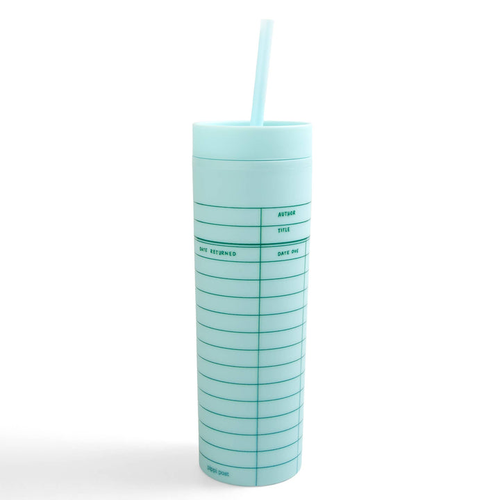 Mint green tumbler with grid design and straw on a white background
