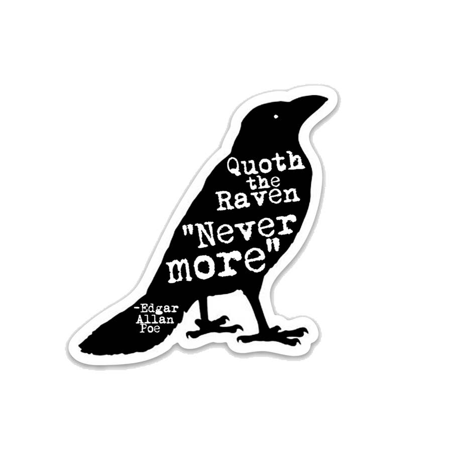 Sticker of a black silhouette of a raven with 'Nevermore' text on a white background