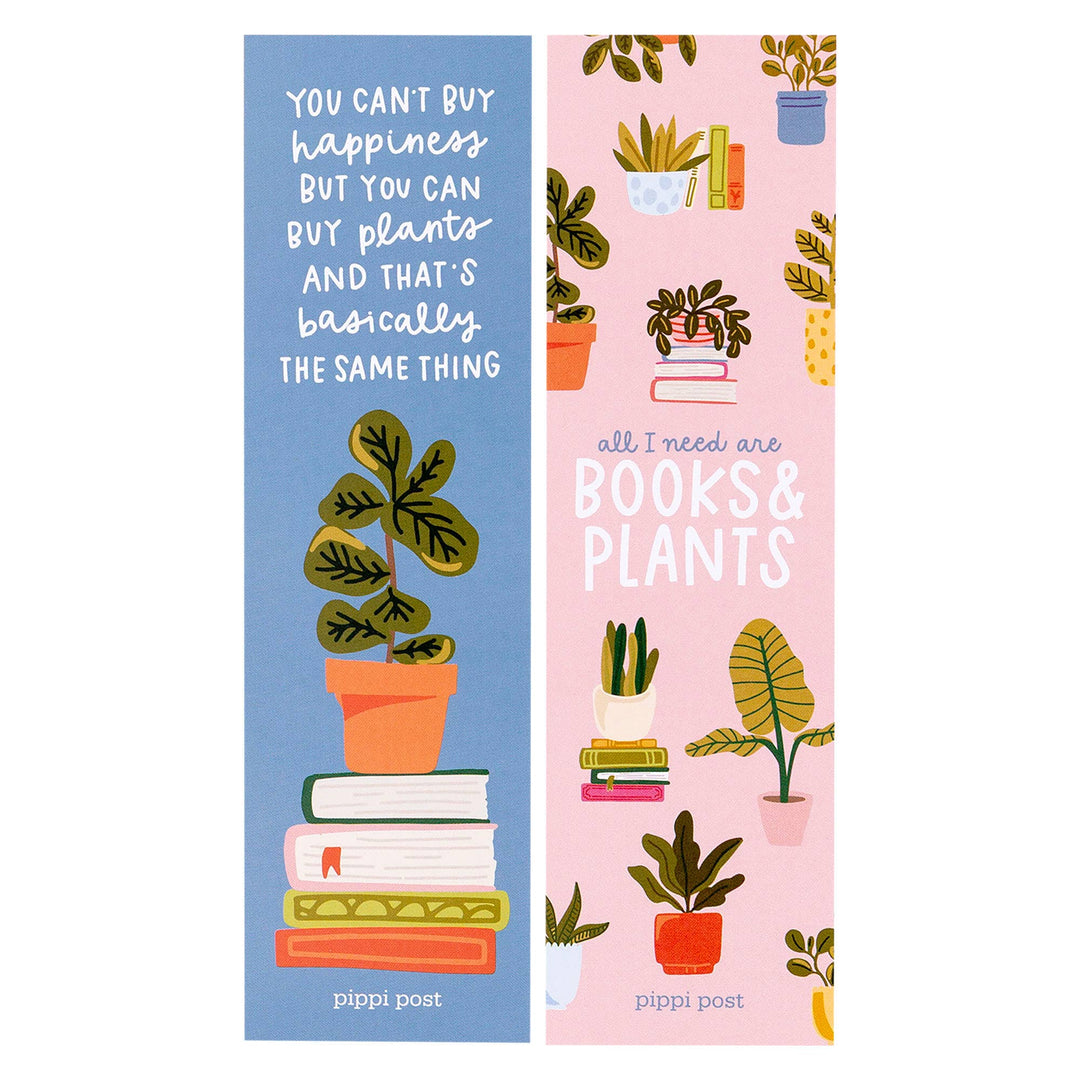 Two bookmarks with plant and book illustrations and text on a white background
