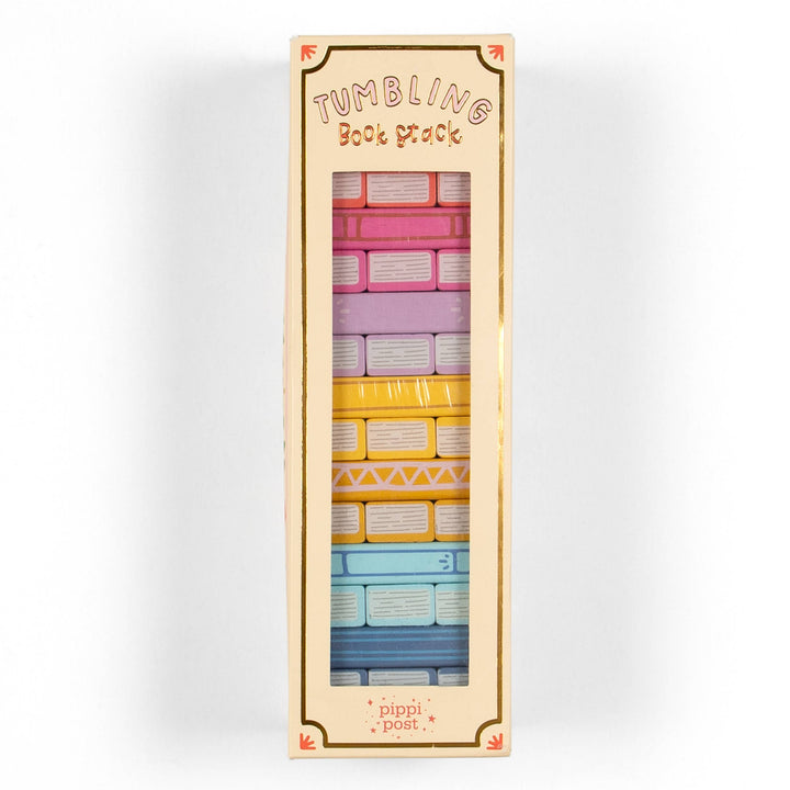Pack of colorful tumbling blocks in a decorative box on a white background