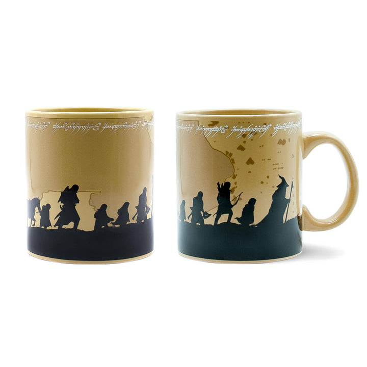 Two mugs with silhouette designs on a beige background