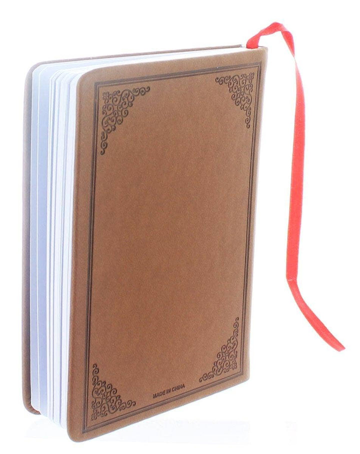 Brown notebook with decorative corners and a red ribbon on a white background