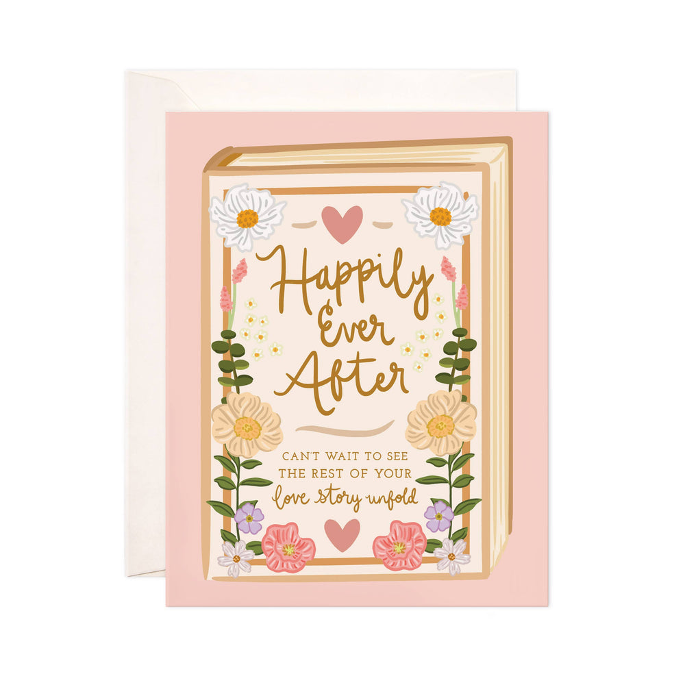 Greeting card with 'Happily Ever After' text and floral design on a pink background. Text below reads 'Can't wait to see the rest of your love story unfold'
