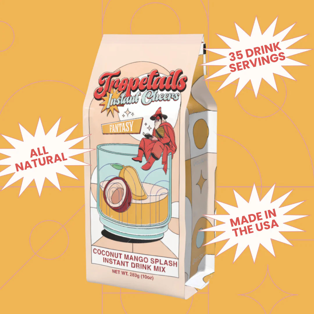 Tropical-themed instant drink mix packaging with text on a yellow background