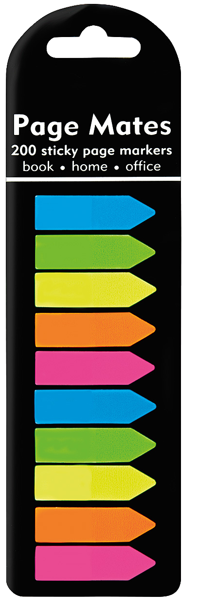 Pack of Page Mates sticky page markers with colorful flags on a black background