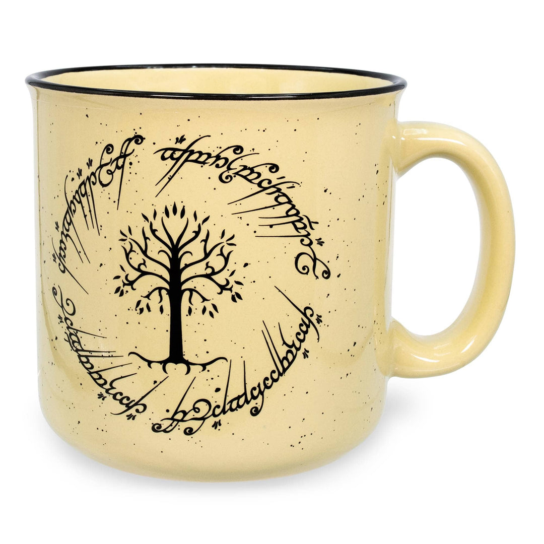 Beige mug with tree and script design on a white background