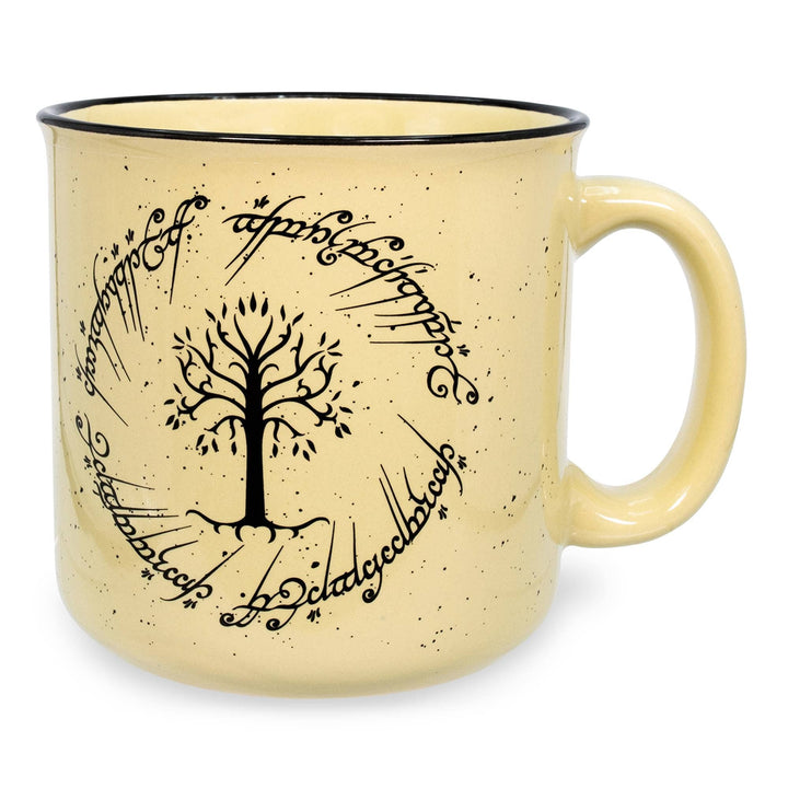 Beige mug with tree and script design on a white background
