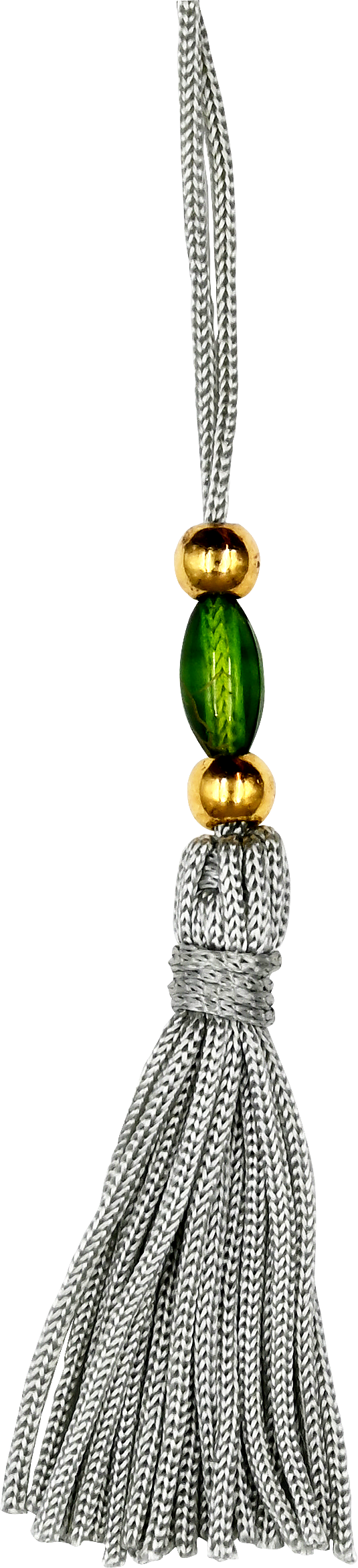 Tassel with green and gold bead on a silver chain