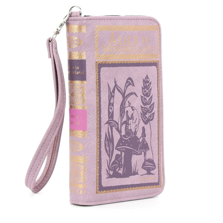 Purple book-shaped wallet with Alice in Wonderland design on a white background