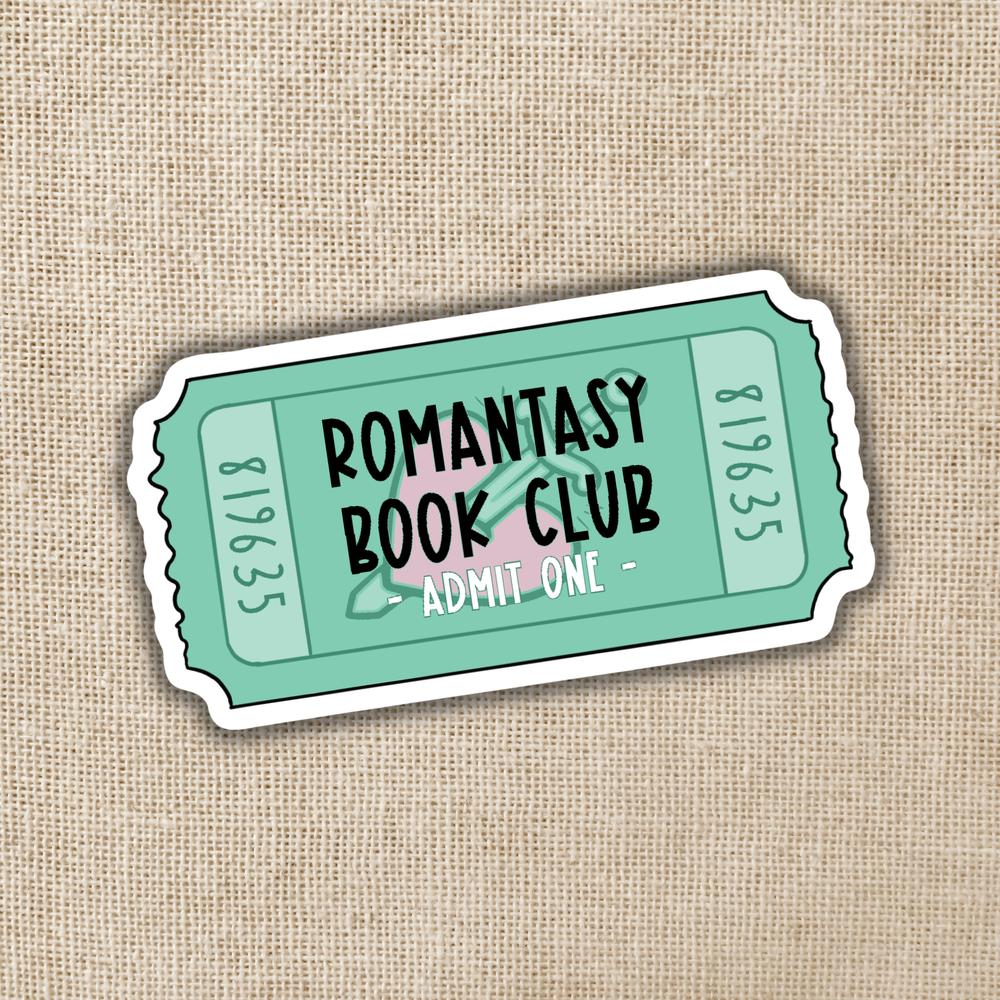 Sticker with 'Romantasy Book Club' text on a textured beige background