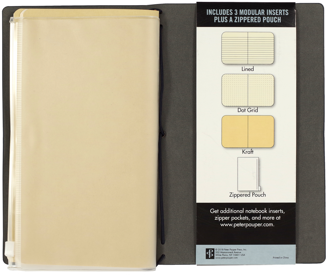 Notebook with modular inserts and a zipped pouch on a black background