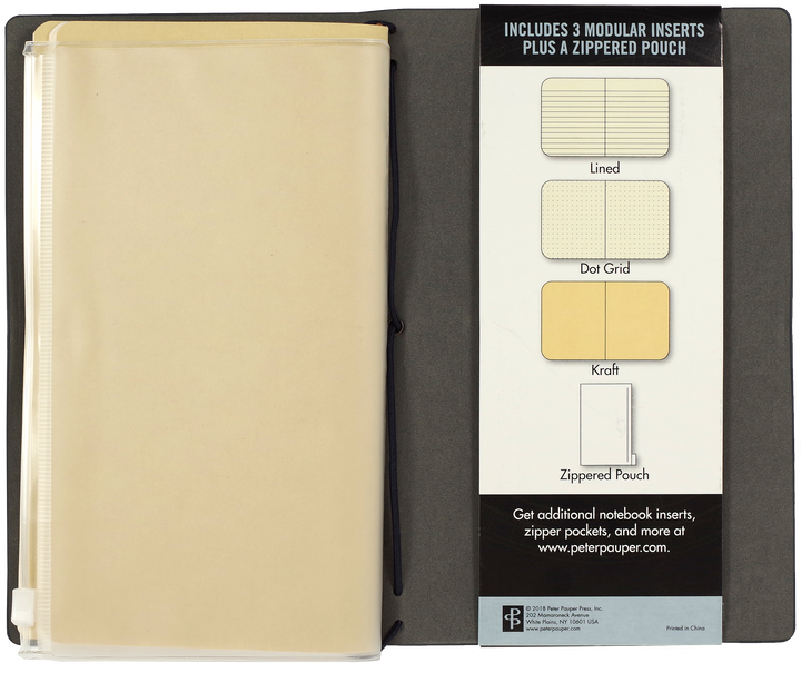 Notebook with modular inserts and a zipped pouch on a black background