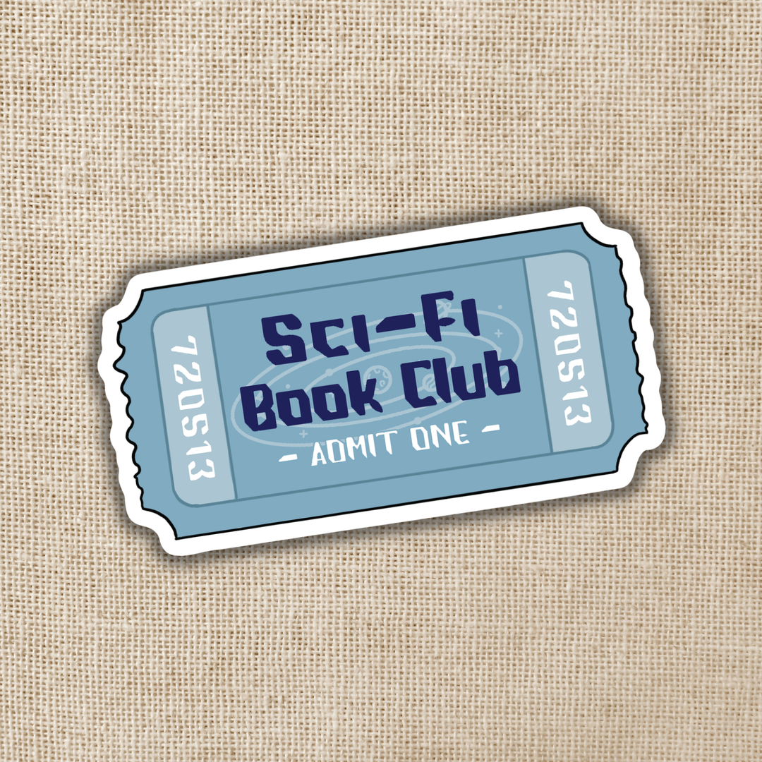 Sticker resembling a Sci-Fi Book Club ticket on a textured beige background