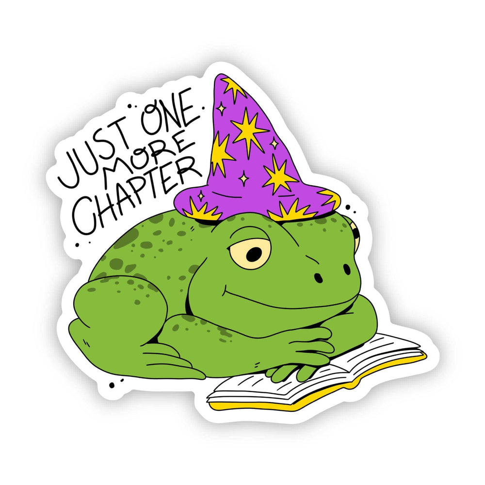 Sticker of a frog wearing a wizard hat reading a book with 'Just One More Chapter' text.