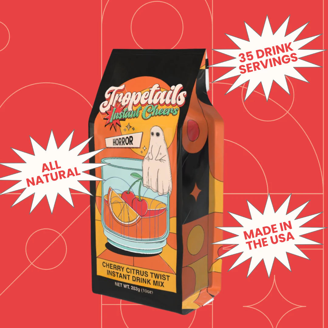 Tropetails Instant Cheers drink mix package on a red background with text about servings and origin.