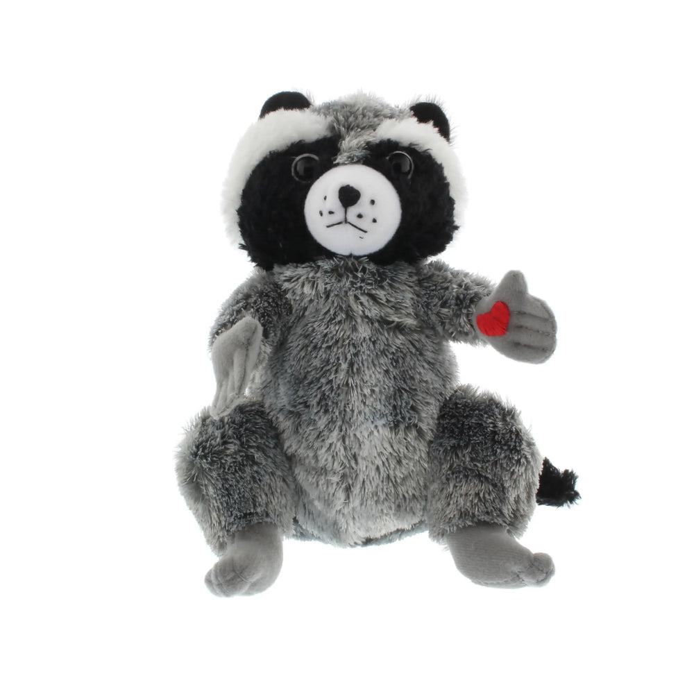 Plush toy raccoon with a heart on a white background