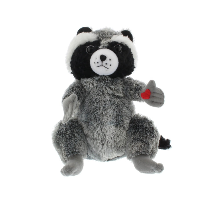 Plush toy raccoon with a heart on a white background