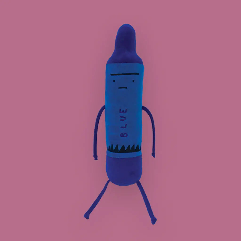 Blue crayon character with a sad expression on a pink background