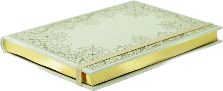 Decorative notebook with gold and beige design on a white background