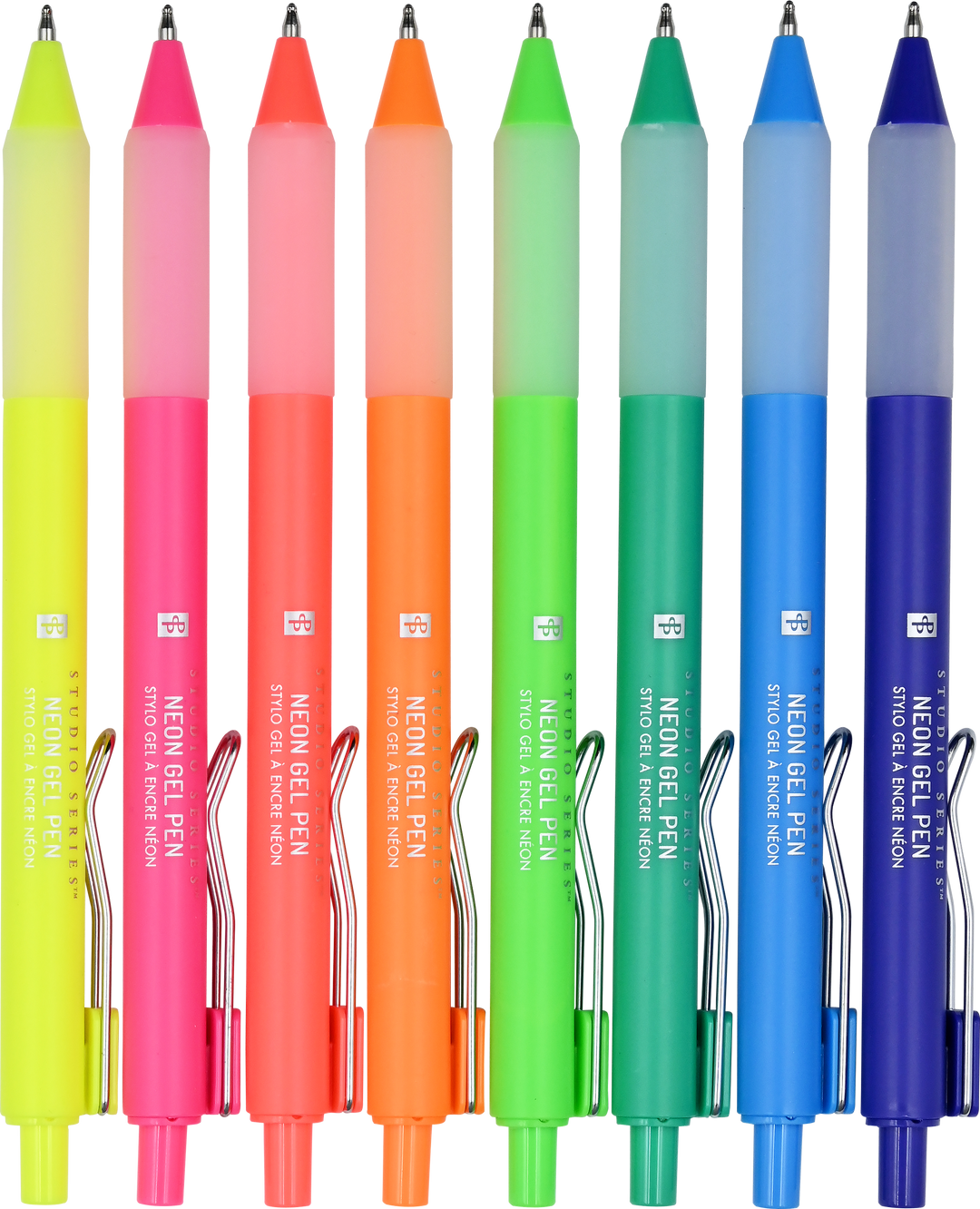 Set of eight neon gel pens in various colors with visible brand name.