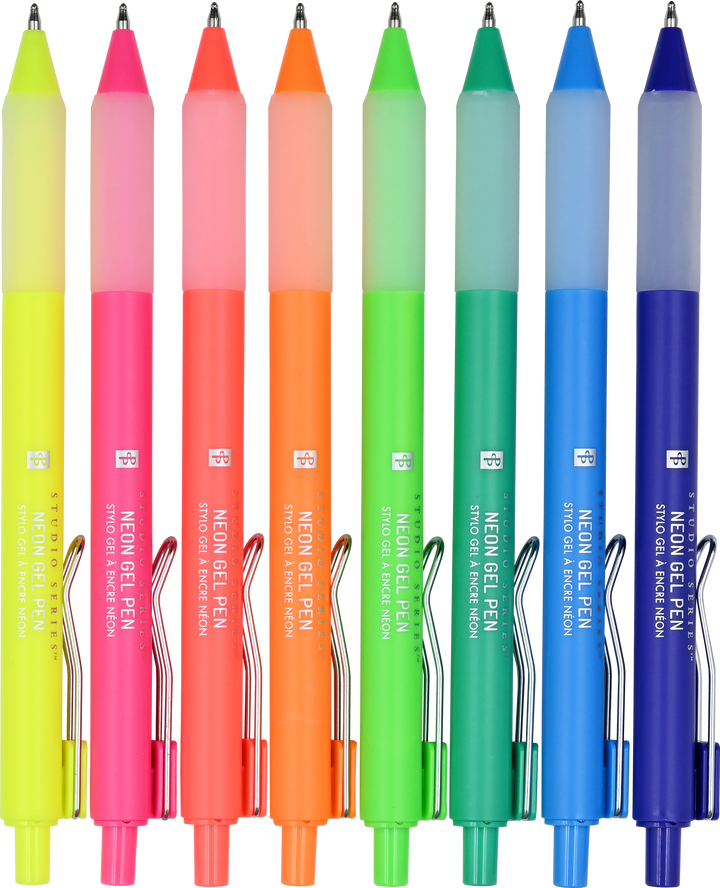 Set of eight neon gel pens in various colors with visible brand name.