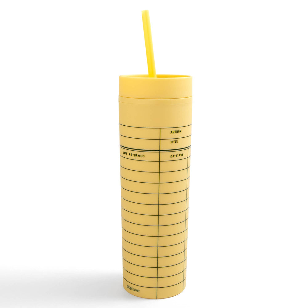Yellow tumbler with a straw on a white background