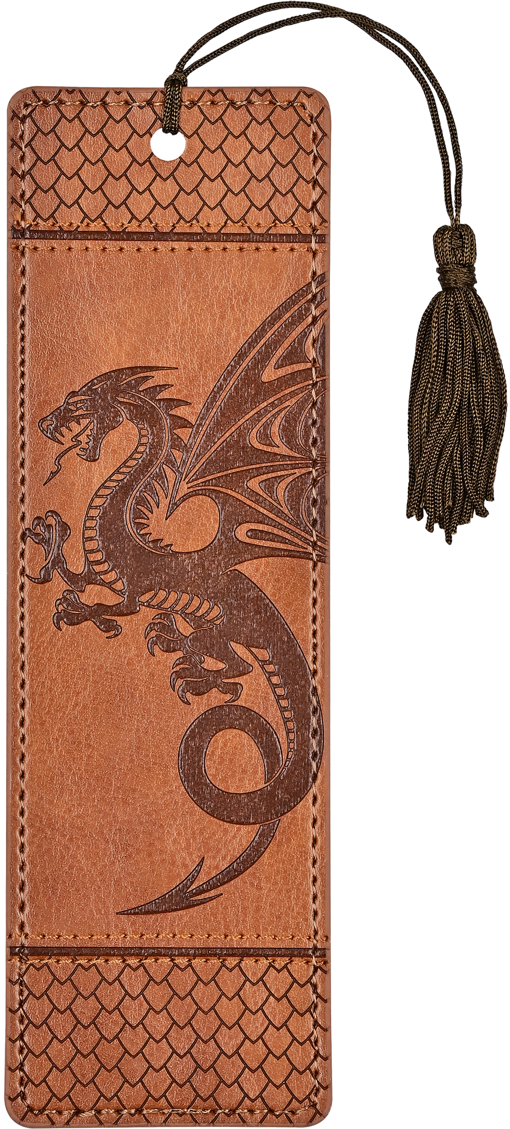 Brown leather bookmark with embossed dragon design and tassel